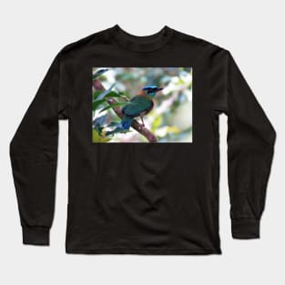 Blue Crowned Motmot Perching on Branch Photo Long Sleeve T-Shirt